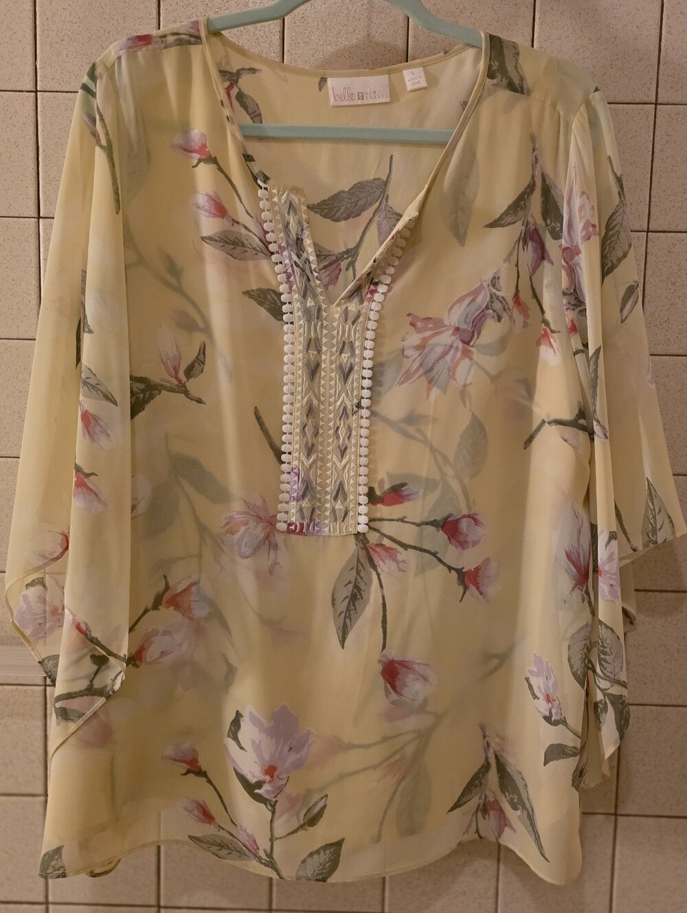 Belle by Kim Gravel Pale Yellow Floral Tunic with Pink Accents